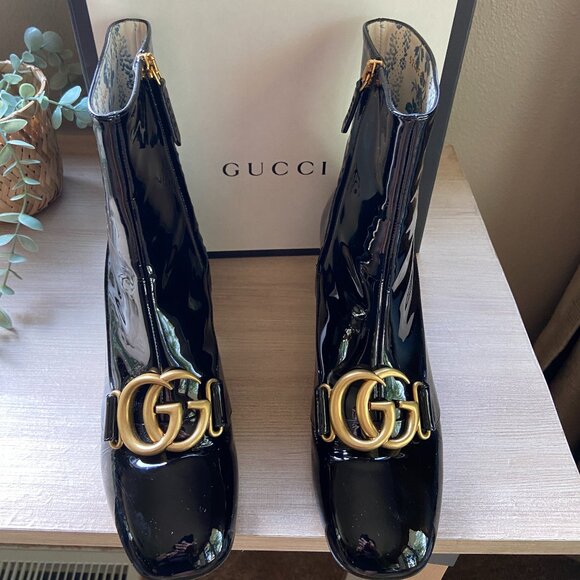GUCCI GG Black Patent Leather Vernice GG Victoire Ankle SZ 37.5 - Picture 1 of 10
